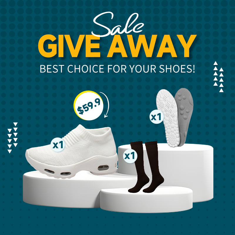 Promotional Sale GIVEAWAY banner featuring a $59.9 bundle deal with white slip-on sneakers, black socks, and grey massage insoles on a teal background. Best choice for your shoes marketing campaign.