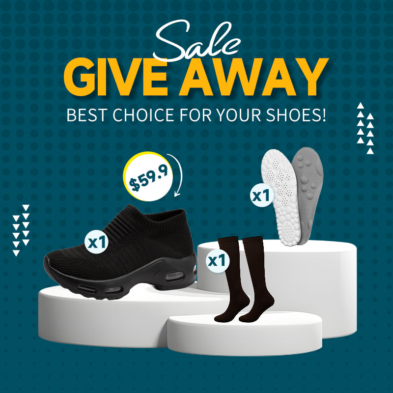 Promotional graphic for shoes, socks, and shoe inserts with text 'Give Away' and 'Best Choice for Your Shoes!' on a blue background.