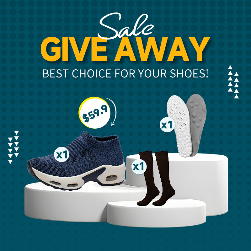 "GIVE AWAY" promotional banner featuring a $59.9 sneaker bundle with free socks and insoles.