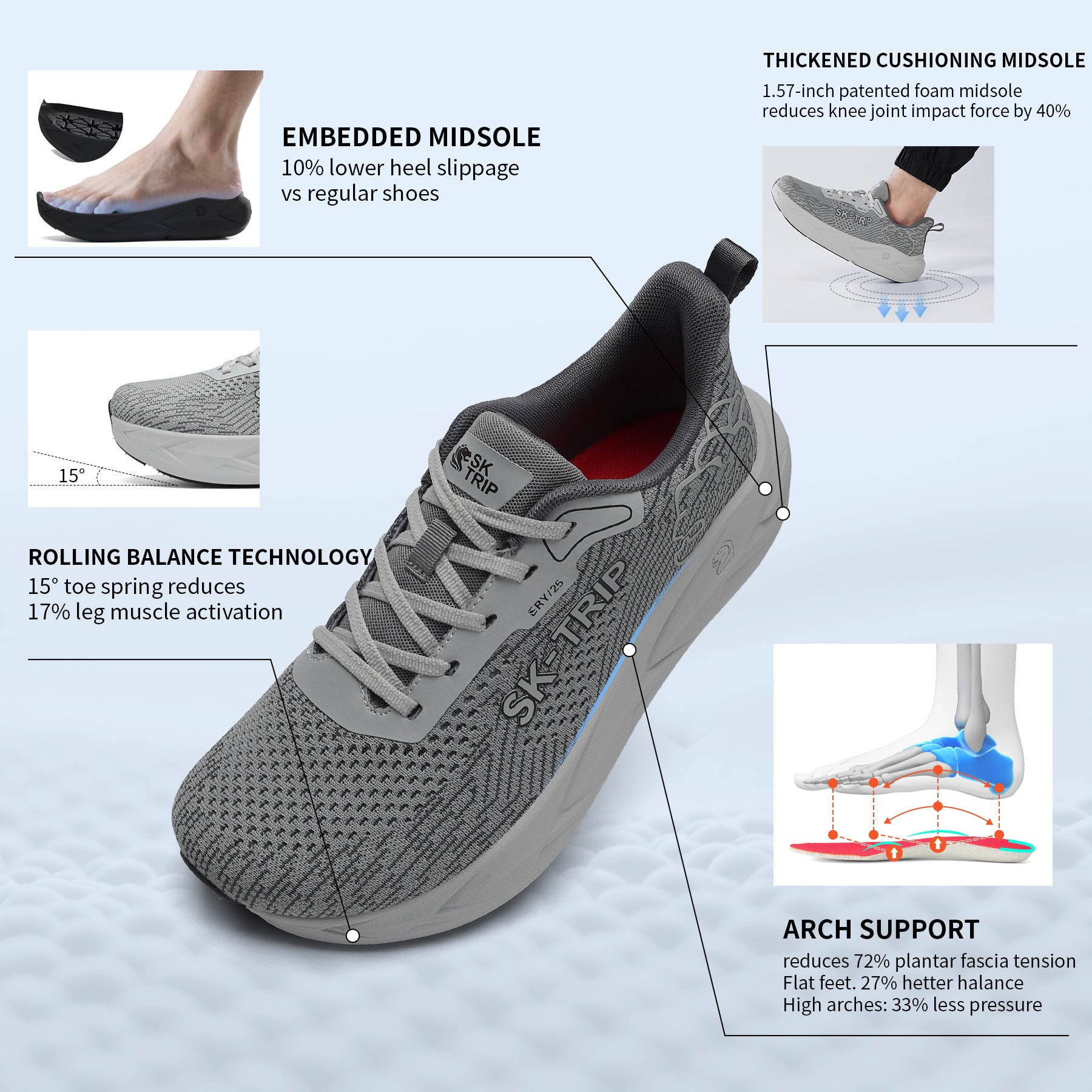 Sting Tree 8011-1 Gray Wide Toe Box Shoes - Arch Support Cushion Sole
侧面视图