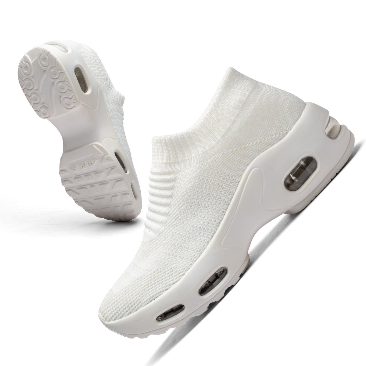 Women's white slip-on walking sneakers featuring a breathable mesh upper and thick air-cushion sole for comfort. Product display showing both the side profile and the anti-slip tread on a white background.